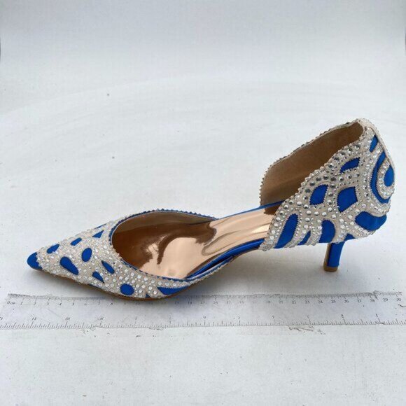 XYD Royal Blue Elegant Pointed Toe D'Orsay Kitten Heel Rhinestone Studs Pump - Picture 2 of 8
